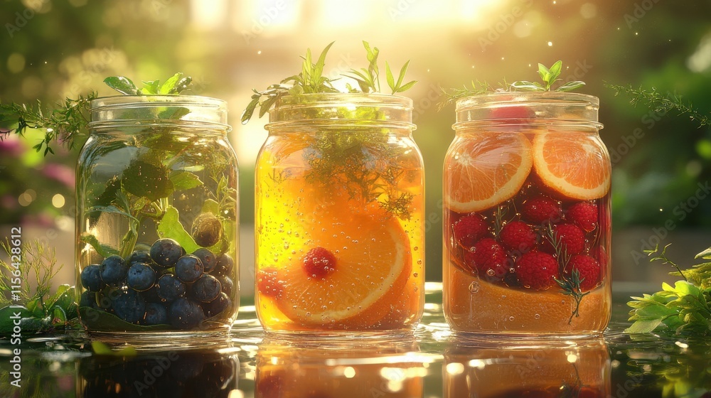 Refreshing fruit-infused drink jars garden setting aesthetic natural light Refreshing fruit-infused drink jars garden setting aesthetic natural light
