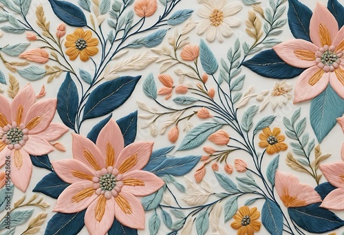 A seamless pattern of Handstitched Floral Embroidery, abstract floral background