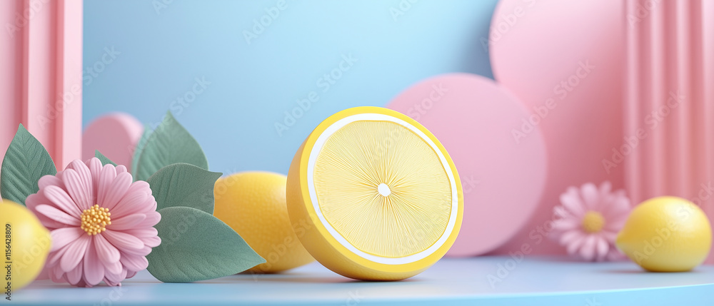Lemon Slice with Pink Flowers and Pastel Background. Lemon Slice with Pink Flowers and Pastel Background.