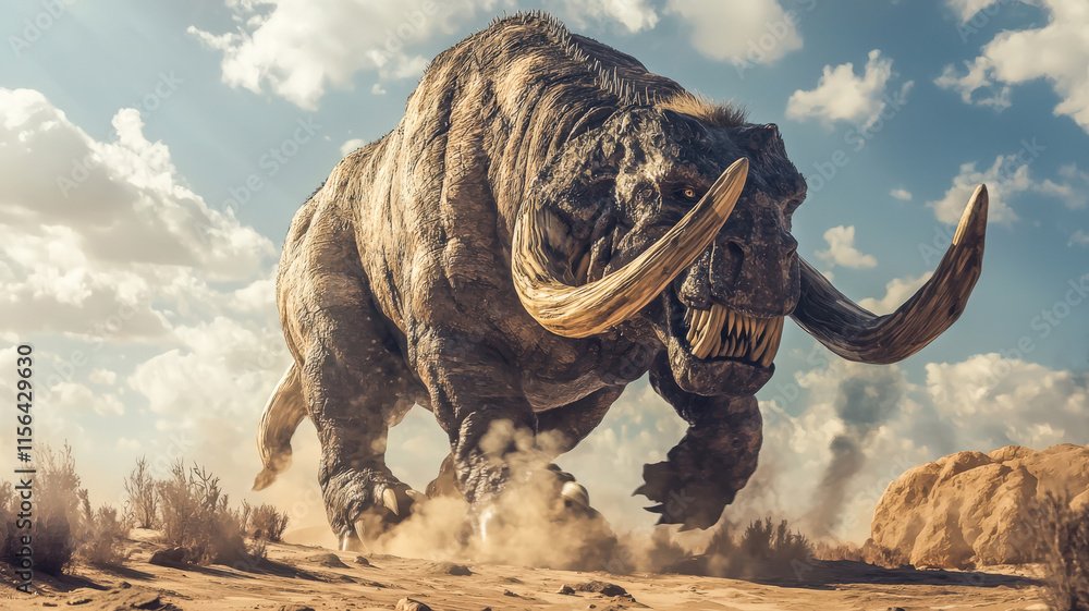 Fototapeta premium A massive armored behemoth, adorned with sharp tusks and thick iron-clad armor, charges powerfully through a desolate desert battlefield, kicking up dust and creating an imposing presence.