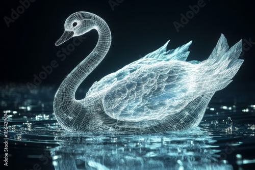 Fototapeta Naklejka Na Ścianę i Meble -  A digital representation of a swan with a glowing wireframe design, floating on water in a dark, ambient environment.