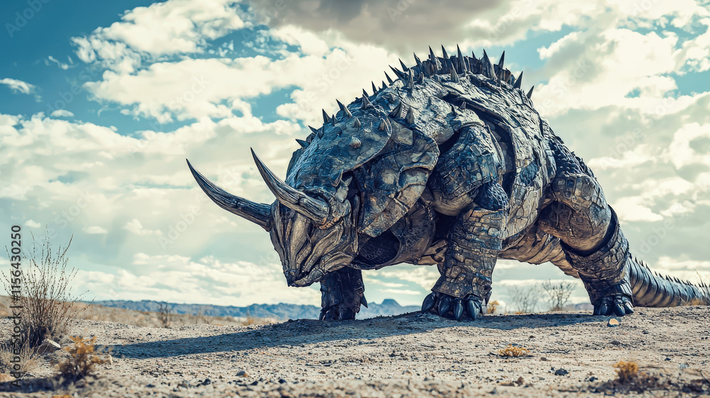 Fototapeta premium A massive armored creature with a spiked tail and formidable horns emerges ominously from a deep fissure in the ground, exuding a powerful and intimidating presence in its surroundings.