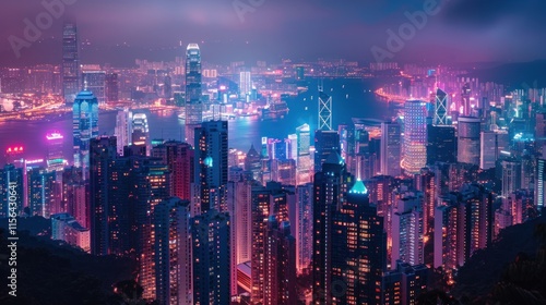 Wallpaper Mural Panoramic night view of a vibrant cityscape with skyscrapers illuminated in pink, purple, and blue hues. Torontodigital.ca