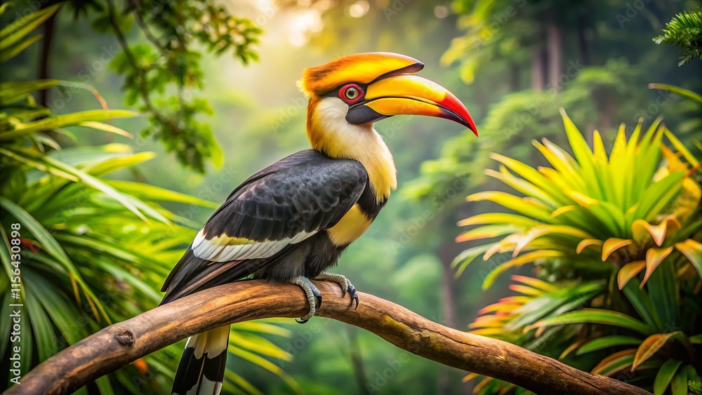 Obraz premium Great Hornbill Bird Tree Perch Medium Shot - Wildlife Photography AI Art