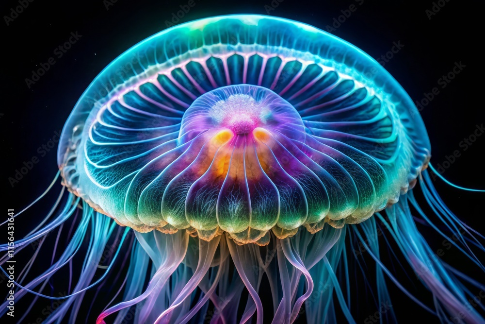 Jellyfish on Black Background: Worm's Eye View Macro Photography Jellyfish on Black Background: Worm's Eye View Macro Photography
