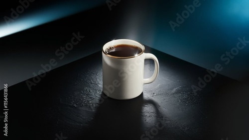 Black tea in a white cup background with a black matte surface and a spotlight effect highlighting photo