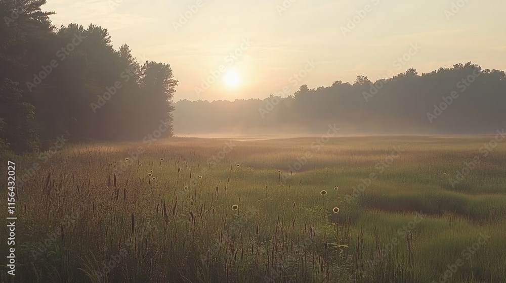 Misty sunrise over a tranquil field with tall grass and trees in the background. Misty sunrise over a tranquil field with tall grass and trees in the background.