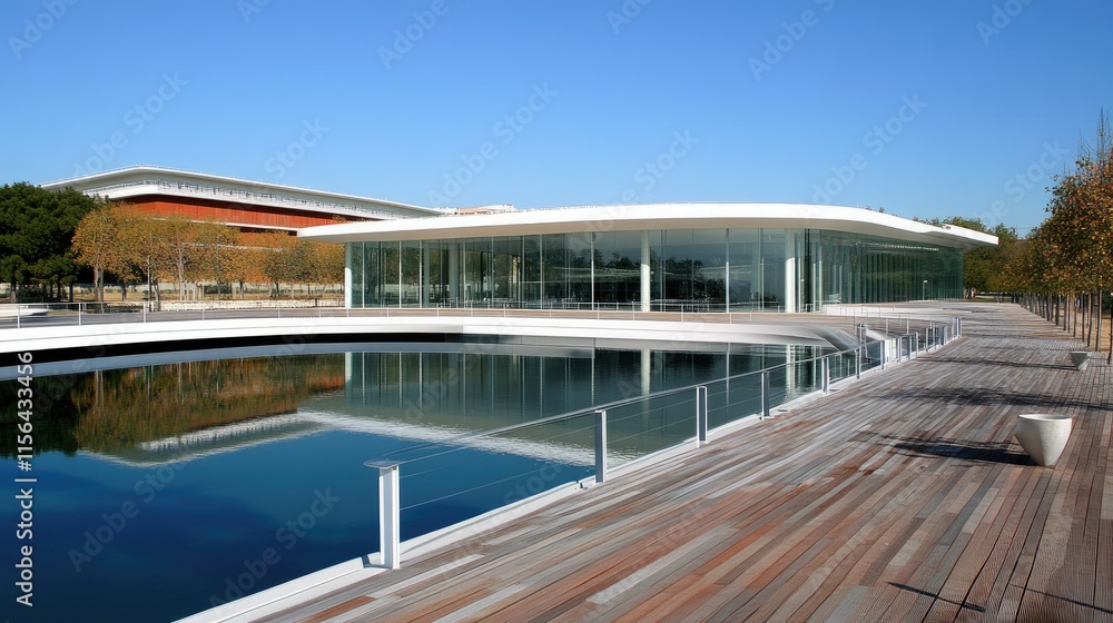 Fototapeta premium Modern building with reflecting pool and wooden deck.
