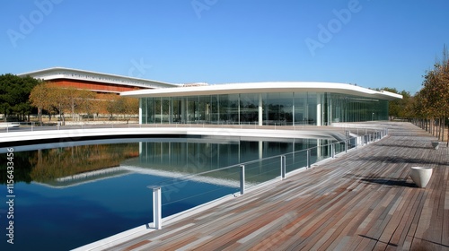 Modern building with reflecting pool and wooden deck.