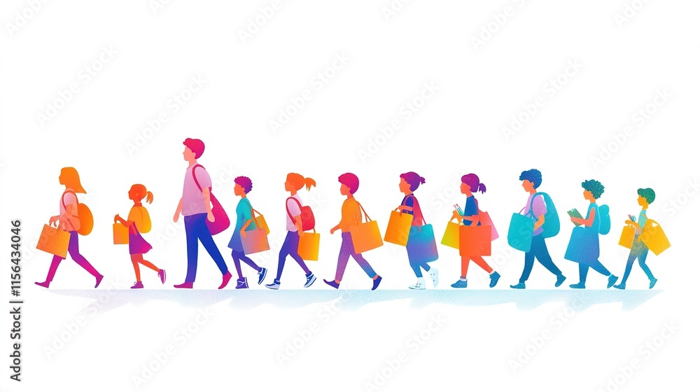 Teacher guiding students in a line, all with bags and supplies, vibrant illustration on white. Teacher guiding students in a line, all with bags and supplies, vibrant illustration on white.
