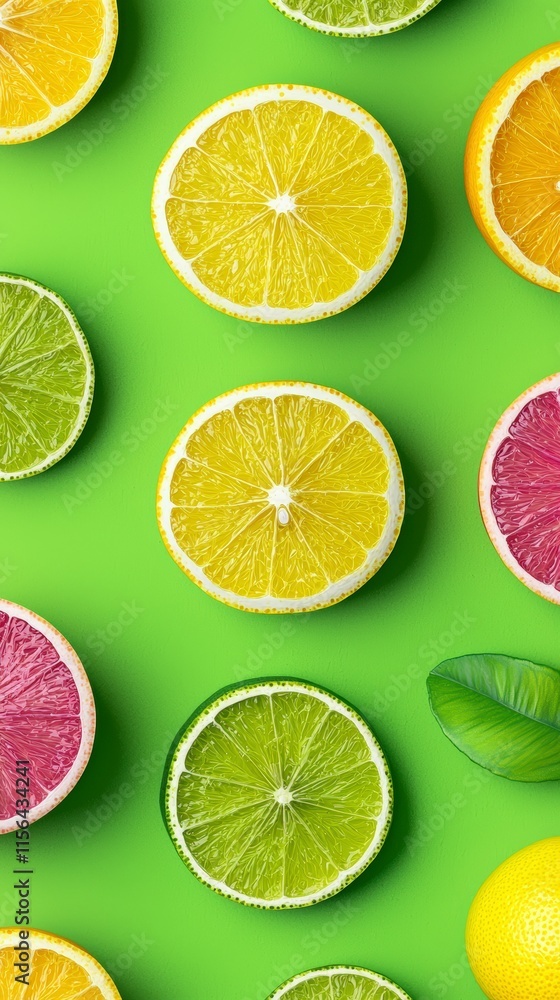 Fototapeta premium Vibrant Citrus Fruit Slices on Green Background