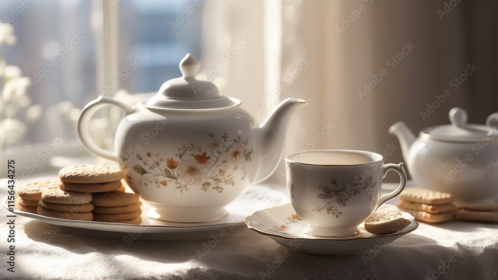 A cozy scene with a cup of steaming tea in a delicate white cup and saucer, with a teapot, sugar bowl, and biscuits on the side, placed near a window with sunlight streaming in. A cozy scene with a cup of steaming tea in a delicate white cup and saucer, with a teapot, sugar bowl, and biscuits on the side, placed near a window with sunlight streaming in.