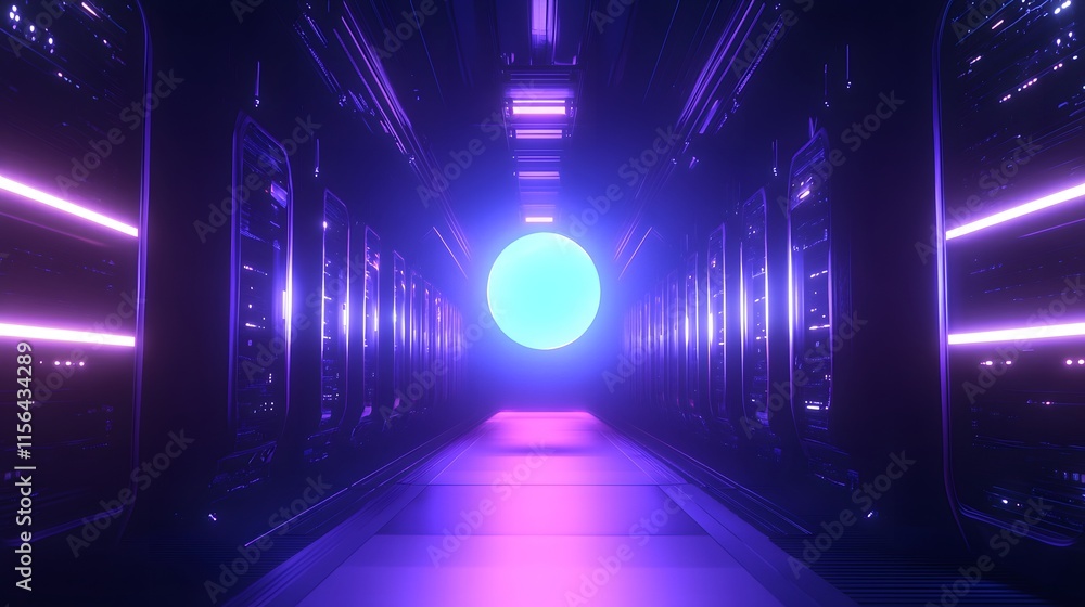 Futuristic Server Room Corridor Illuminated With Neon Lights Futuristic Server Room Corridor Illuminated With Neon Lights