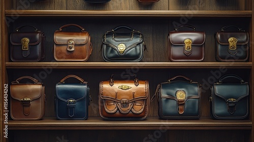 A row of vintage leather bags with intricate stitching and brass accents, neatly displayed on polished wooden shelves