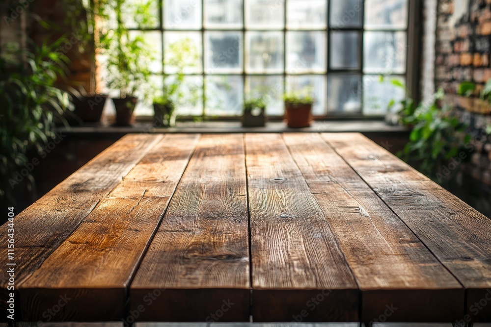 Rustic wooden table near window with plants. Perfect for product display or rustic scene. Rustic wooden table near window with plants. Perfect for product display or rustic scene.