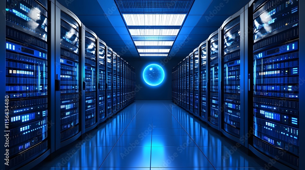 Obraz premium Illuminated Server Room Rows Of Data Storage Equipment