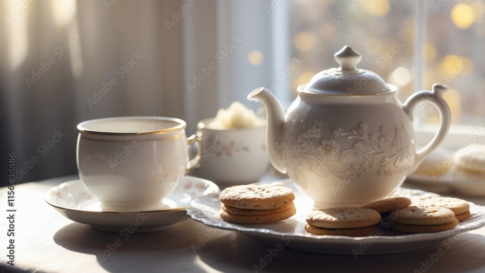 A cozy scene with a cup of steaming tea in a delicate white cup and saucer, with a teapot, sugar bowl, and biscuits on the side, placed near a window with sunlight streaming in. A cozy scene with a cup of steaming tea in a delicate white cup and saucer, with a teapot, sugar bowl, and biscuits on the side, placed near a window with sunlight streaming in.