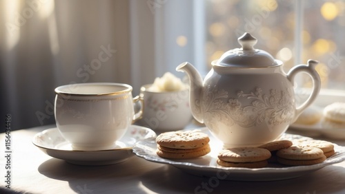 A cozy scene with a cup of steaming tea in a delicate white cup and saucer, with a teapot, sugar bowl, and biscuits on the side, placed near a window with sunlight streaming in.