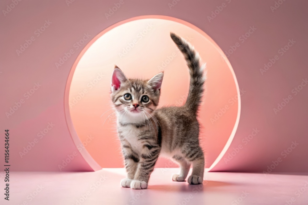 Playful Kitten Minimalist Art: Pastel Pink, Arched Back, Cute Cat Playful Kitten Minimalist Art: Pastel Pink, Arched Back, Cute Cat
