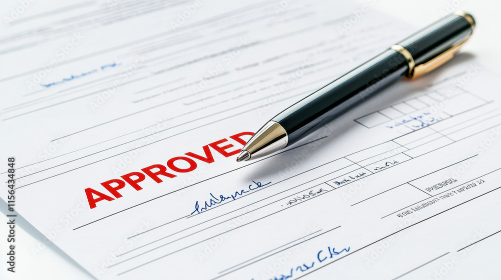Approved mortgage document with pen nearby. for Mortgage approval process documents concept Approved mortgage document with pen nearby. for Mortgage approval process documents concept