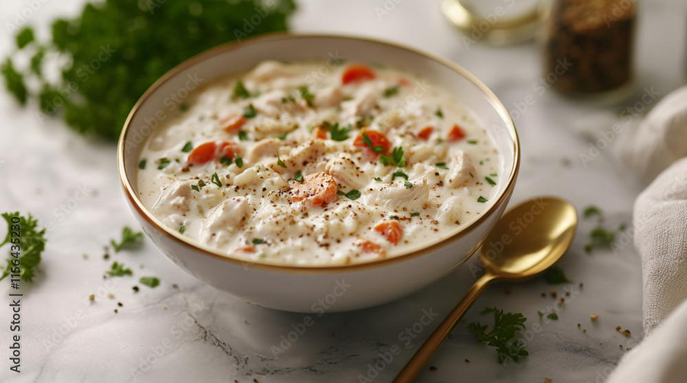 A close-up view of a bowl of creamy chicken, rice soup, chunks of tender chicken, carrots, herbs in a rich, smooth broth.soup is garnished, fresh parsley,freshly ground black pepper,gold spoon rests A close-up view of a bowl of creamy chicken, rice soup, chunks of tender chicken, carrots, herbs in a rich, smooth broth.soup is garnished, fresh parsley,freshly ground black pepper,gold spoon rests