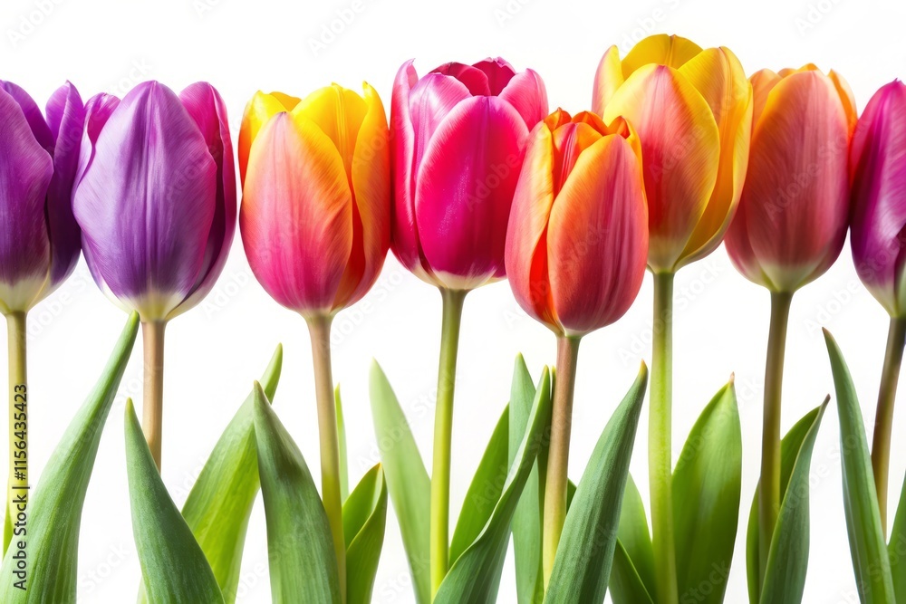 Row of Pretty Tulips, Spring Flowers, White Background, Floral Photography, Medium Shot Row of Pretty Tulips, Spring Flowers, White Background, Floral Photography, Medium Shot