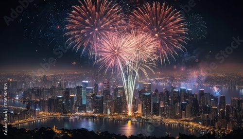 Fireworks reflecting on a river at night during a celebration in the city with colorful lights and a festive atmosphere photo