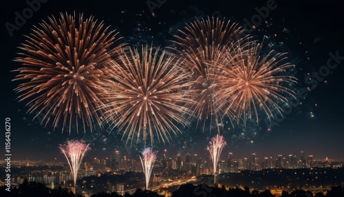 Fireworks over a river at night with colorful lights celebrating a festival photo