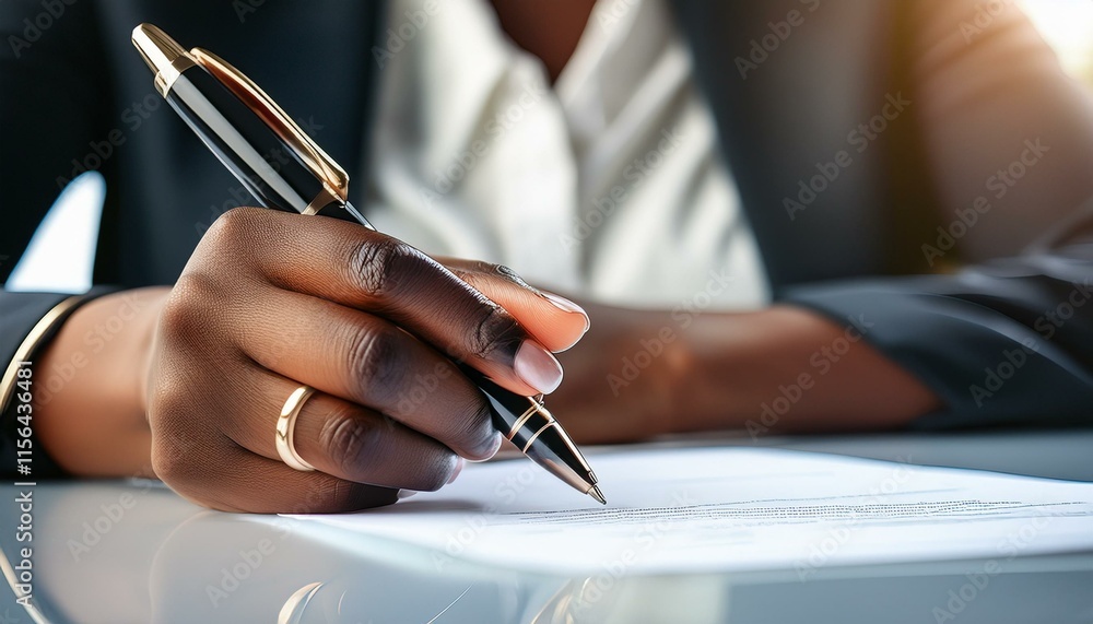 Close up of black hands of businesswoman signing agreement with ballpoint pen. Close up of black hands of businesswoman signing agreement with ballpoint pen.
