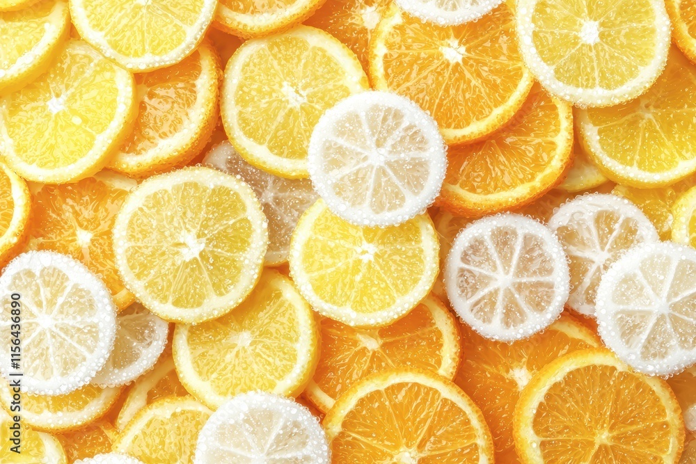 Freshly Sliced Citrus Fruits with Sugar on a Bright Background Freshly Sliced Citrus Fruits with Sugar on a Bright Background