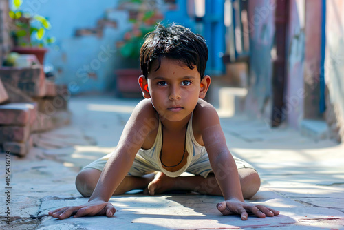 A young Indian boy shows flexibility in his actions, eager to explore new opportunities, his willingness to adapt and grow indicative of his open-mindedness. photo