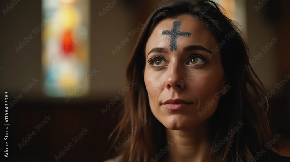 Solemn Woman with Ash Cross Forehead Mark in a Church Setting Solemn Woman with Ash Cross Forehead Mark in a Church Setting