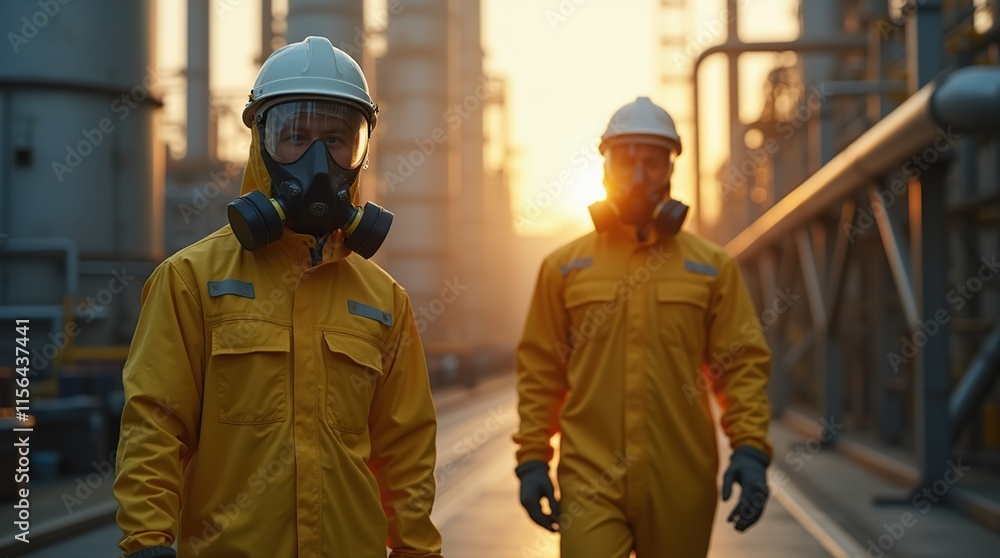Fototapeta premium Industrial Workers in Hazmat Suits at Sunset in a Refinery