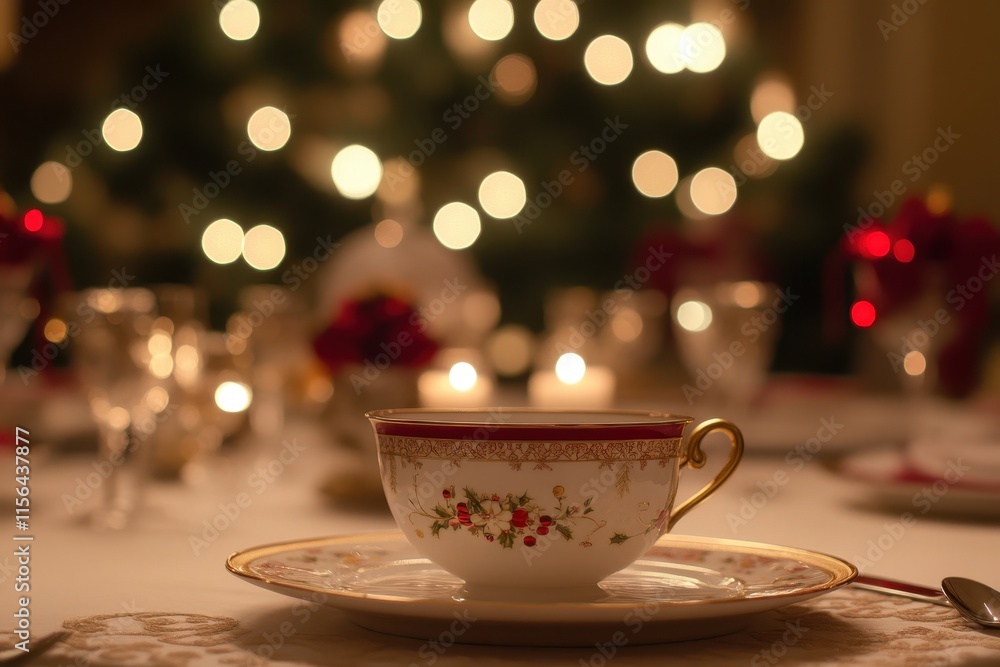 Fototapeta premium Elegant Antique Teacup on Fine China Plate Surrounded by Festive Table Decor and Christmas Tree Lights Creating a Cozy Holiday Atmosphere