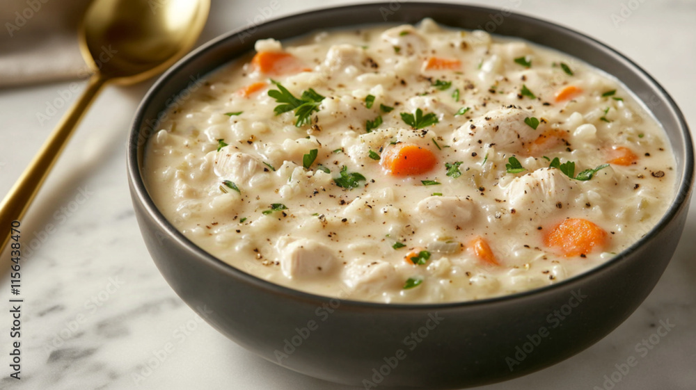 A close-up view of a bowl of creamy chicken, rice soup, chunks of tender chicken, carrots, herbs in a rich, smooth broth.soup is garnished, fresh parsley,freshly ground black pepper,gold spoon rests A close-up view of a bowl of creamy chicken, rice soup, chunks of tender chicken, carrots, herbs in a rich, smooth broth.soup is garnished, fresh parsley,freshly ground black pepper,gold spoon rests