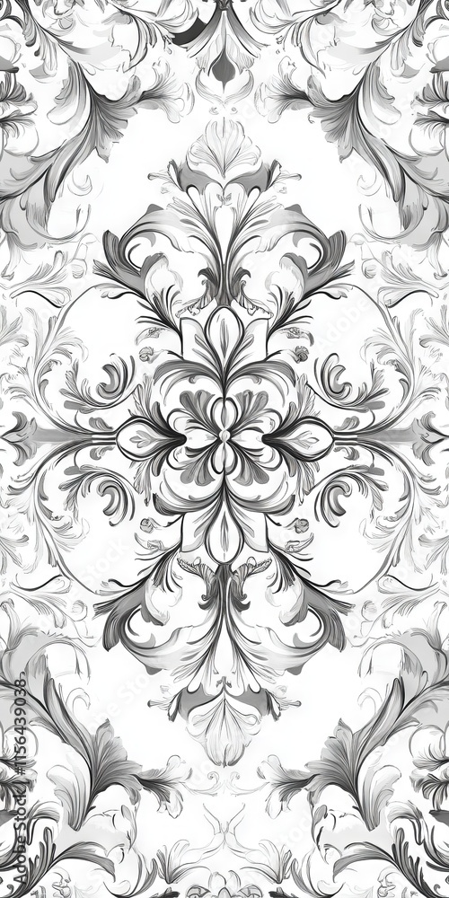 Obraz premium Detailed black and white baroque floral pattern featuring ornate swirls and elegant design elements for decorative use.
