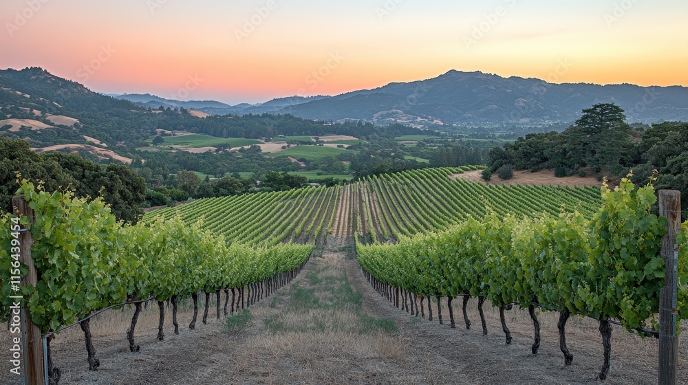 Naklejka premium Vineyard rows at sunset, scenic hills. Ideal for wine, travel, and nature themes; evokes tranquility and harvest.