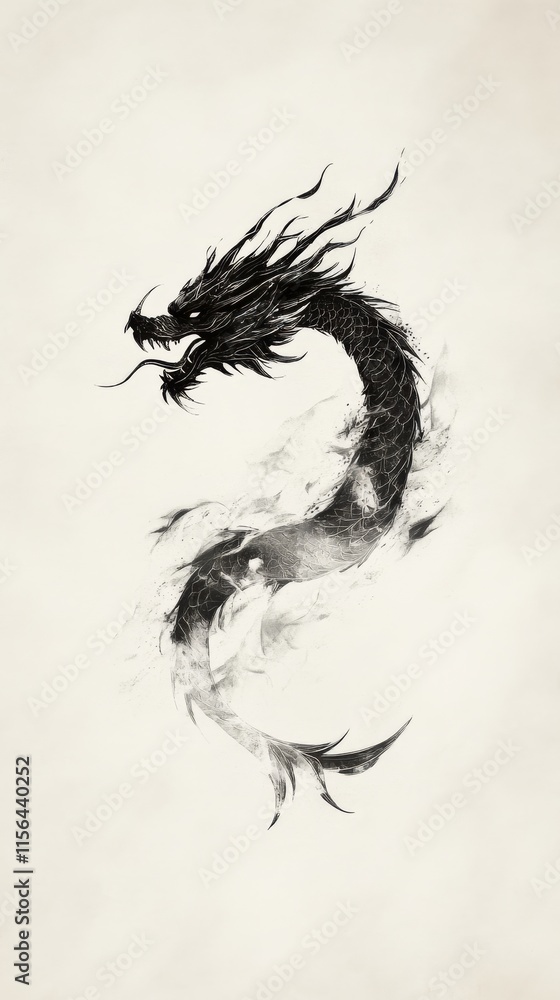 Fototapeta premium Artistic black ink dragon with flowing smoke on a minimalist white background, showcasing intricate details and dynamic movement.