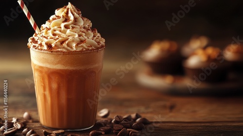 Iced coffee drink with whipped cream and coffee beans.