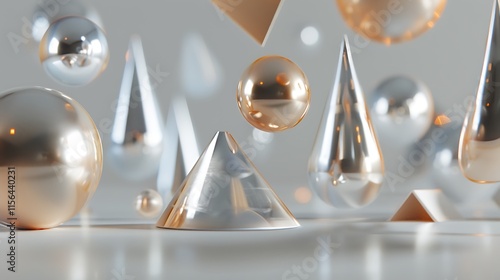 A collection of shiny geometric shapes, including cones and cylinders, drifting in a calm gray environment