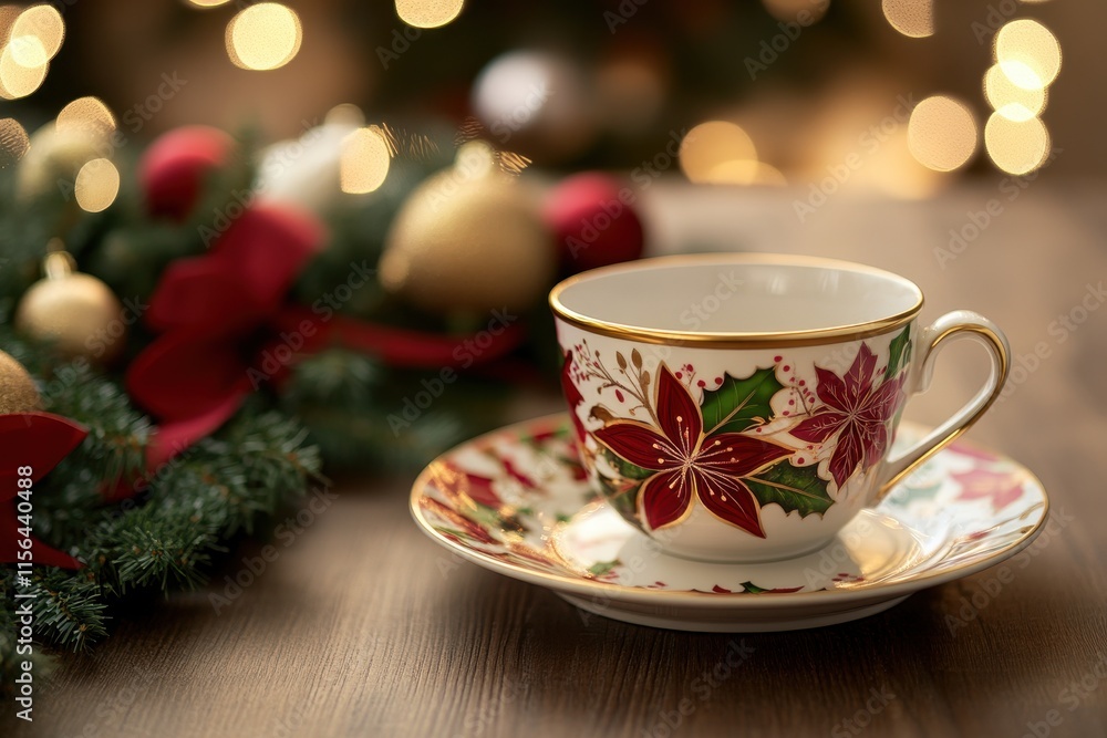 Fototapeta premium Elegant festive cup with floral design surrounded by Christmas decorations and warm bokeh lights, perfect for holiday gatherings and cozy settings