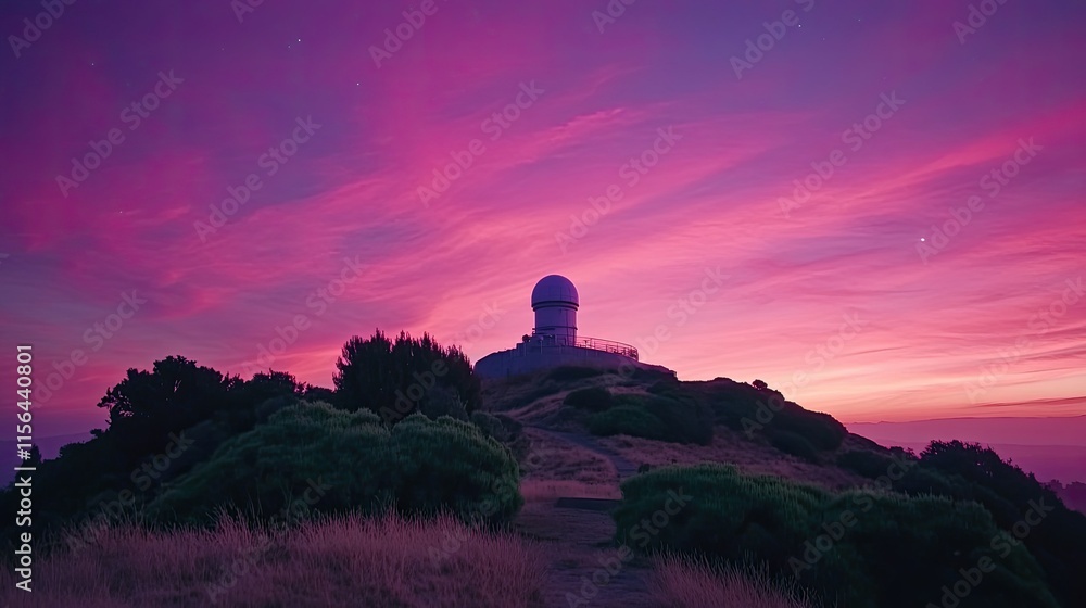 Fototapeta premium Observatory on hilltop at vibrant sunset.