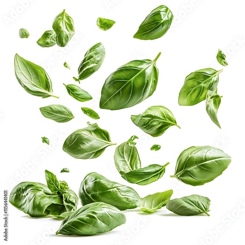 High-key photography of floating basil leaves in culinary studio