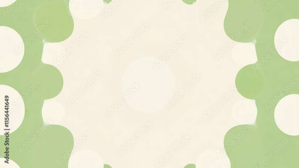 The camera pans horizontally to display medium-sized vibrant green and white polka dots arranged in a geometric grid on a light beige background, creating a fresh modern polka dot design with clean ae The camera pans horizontally to display medium-sized vibrant green and white polka dots arranged in a geometric grid on a light beige background, creating a fresh modern polka dot design with clean ae