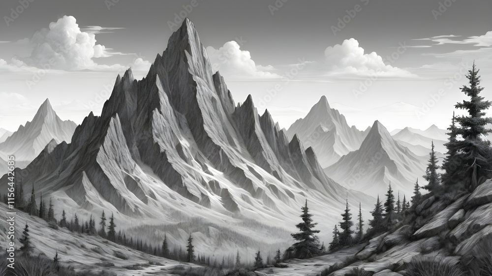 Obraz premium Black and White Sketch of Mountains Of Winter Seasons Covered with Snow, Beautiful Ice-Caped 