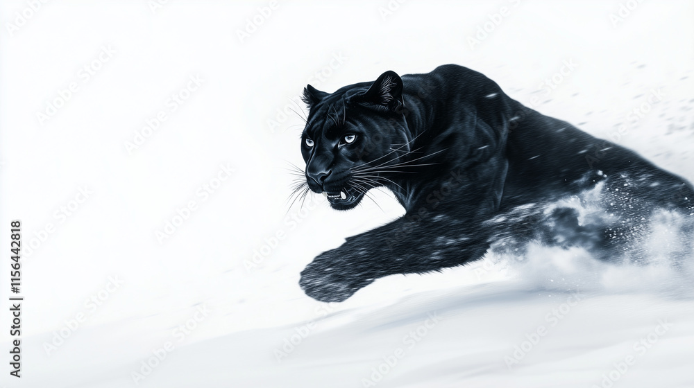 full body of black panther, black leopard running in snow mountain, minimal full body of black panther, black leopard running in snow mountain, minimal