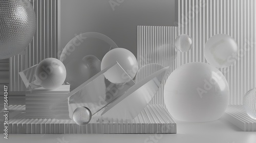 A collection of transparent geometric shapes, including spheres and ellipsoids, drifting in a calm gray environment