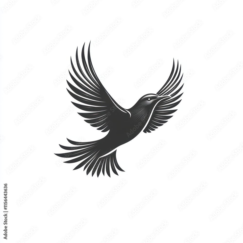 Fototapeta premium Black bird with spread wings flies against white background.
