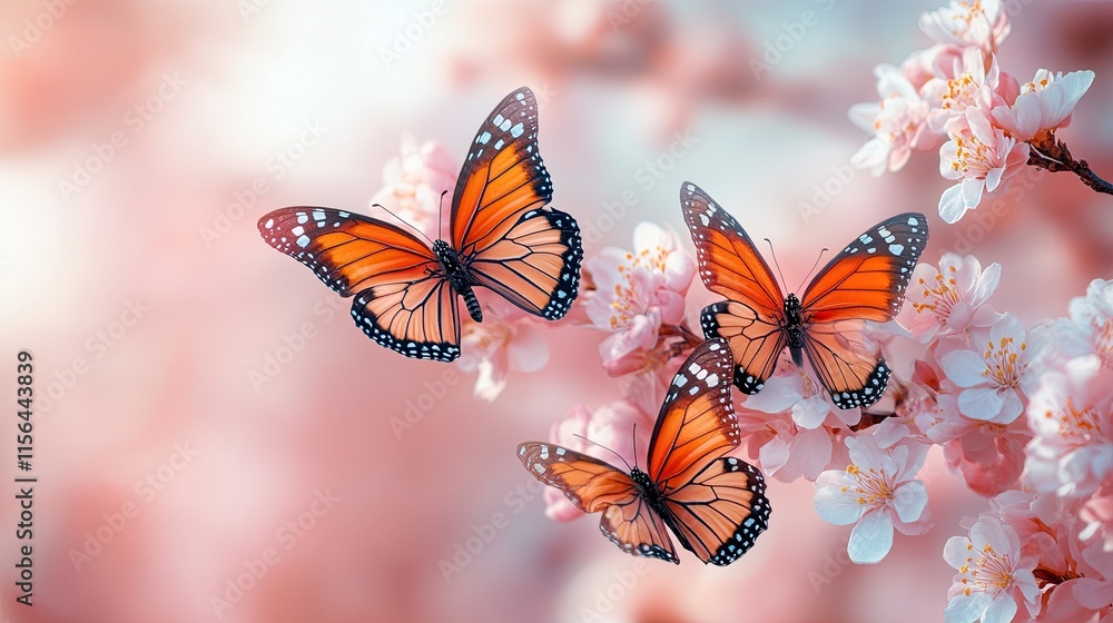 Greeting card with a spring motif. Bright butterflies against a pale pink backdrop Greeting card with a spring motif. Bright butterflies against a pale pink backdrop