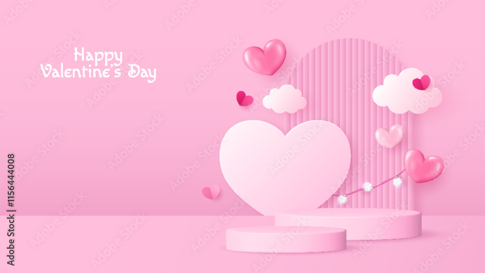Celebrate Valentine’s Day with a charming podium design adorned with heart shapes. Perfect for showcasing products, cosmetics, advertisements, or awards on a soft pink background. Vector illustration. Celebrate Valentine’s Day with a charming podium design adorned with heart shapes. Perfect for showcasing products, cosmetics, advertisements, or awards on a soft pink background. Vector illustration.